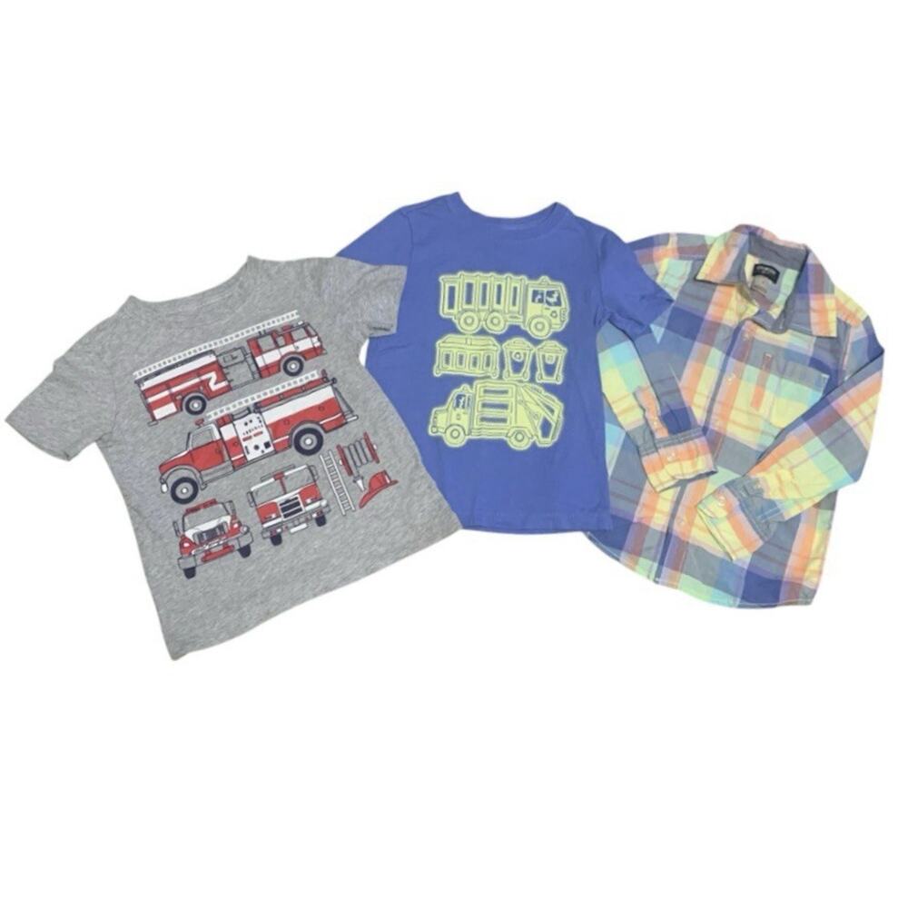 Boys Size 5 5T Shirt Lot Carters Oshkosh Fire Truck Spring Plaid 3 Pc Clothing